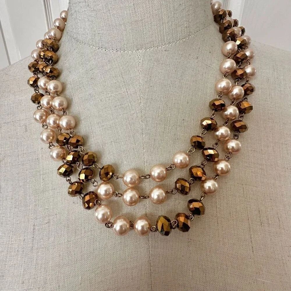 Faux pearl gold tone long beaded necklace